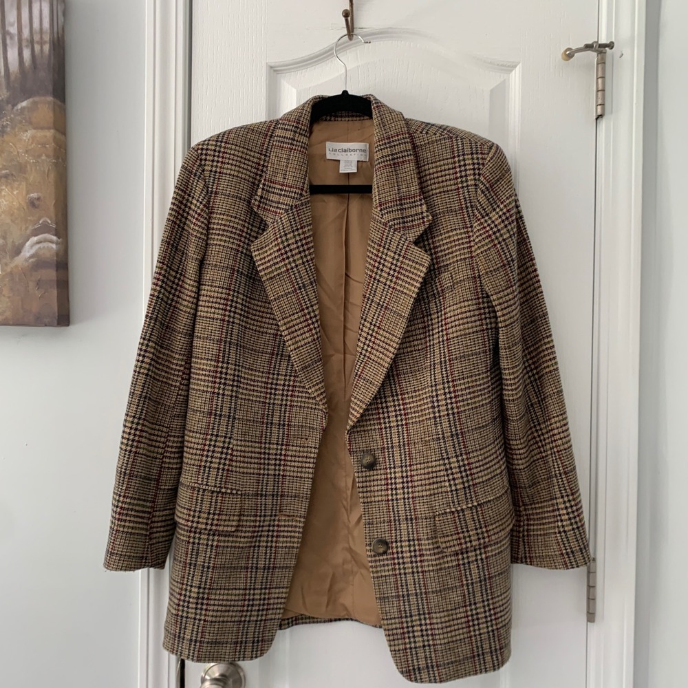 Liz Claiborne Collection Plaid Wool Blend Blazer Jacket Brown Tan Multi Size 10
